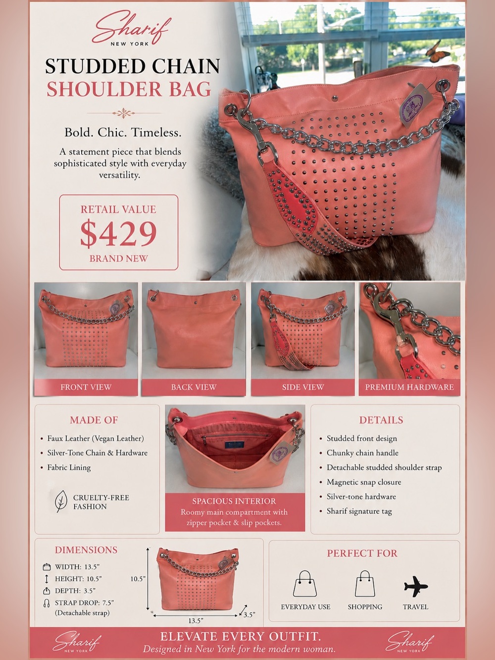 Sharif Coral Pink Studded Tote with Silver Chain